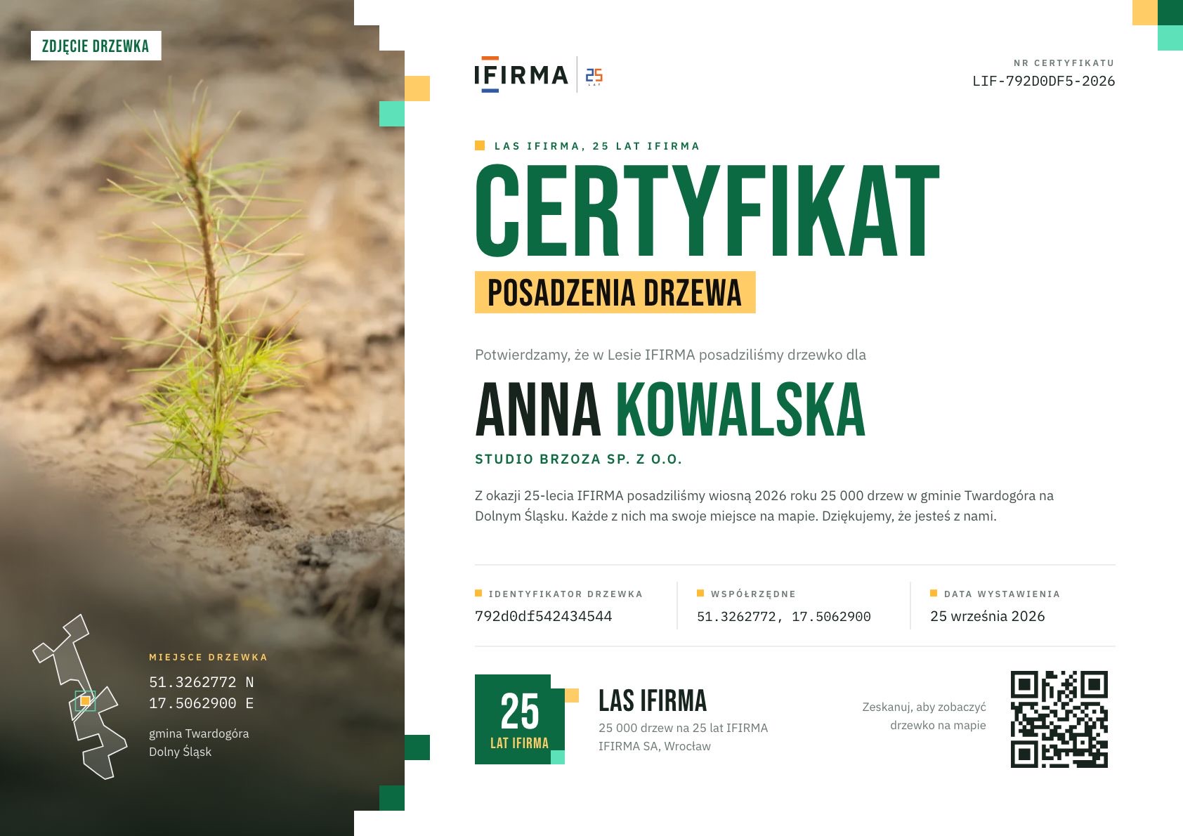 Przykładowy certyfikat posadzenia drzewa w Lesie IFIRMA